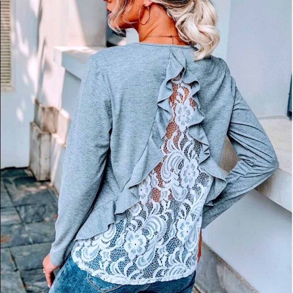 NWT! CONTRAST LACE INSERT RUFFLE TRIM TEE! - Picture 11 of 12